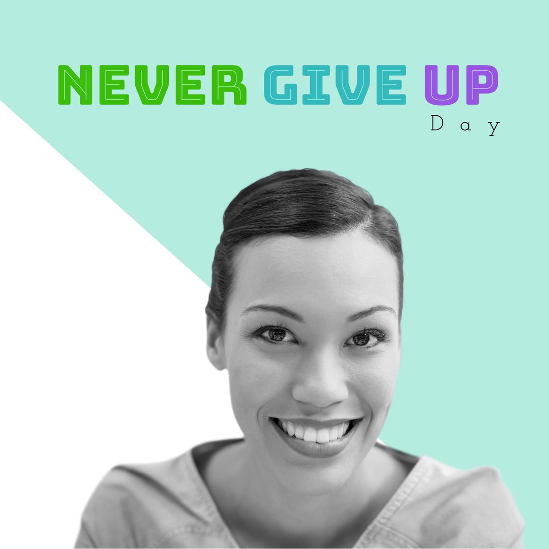 Digital portrait of smiling young asian woman with never give up day text, copy space - Download Free Stock Templates Pikwizard.com