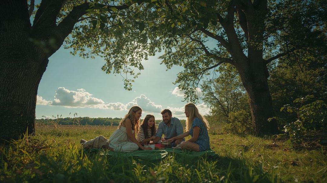 Friends gathering for sunlit picnic under trees in meadow sharing food and laughter