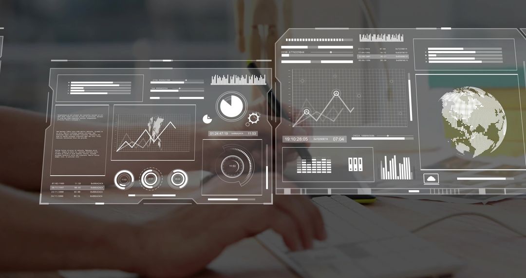 Hands Typing on Laptop with Futuristic AR Analytics Dashboards Overlaying Workspace