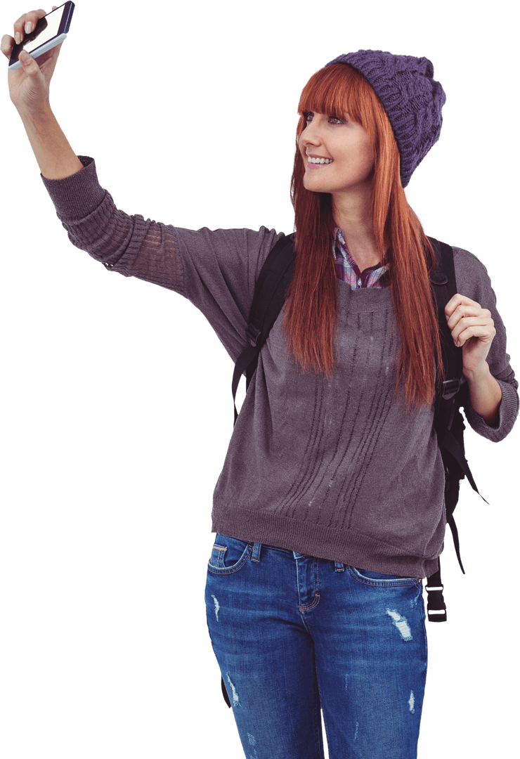 Smiling Hipster Woman Taking Selfie with Smartphone Isolated