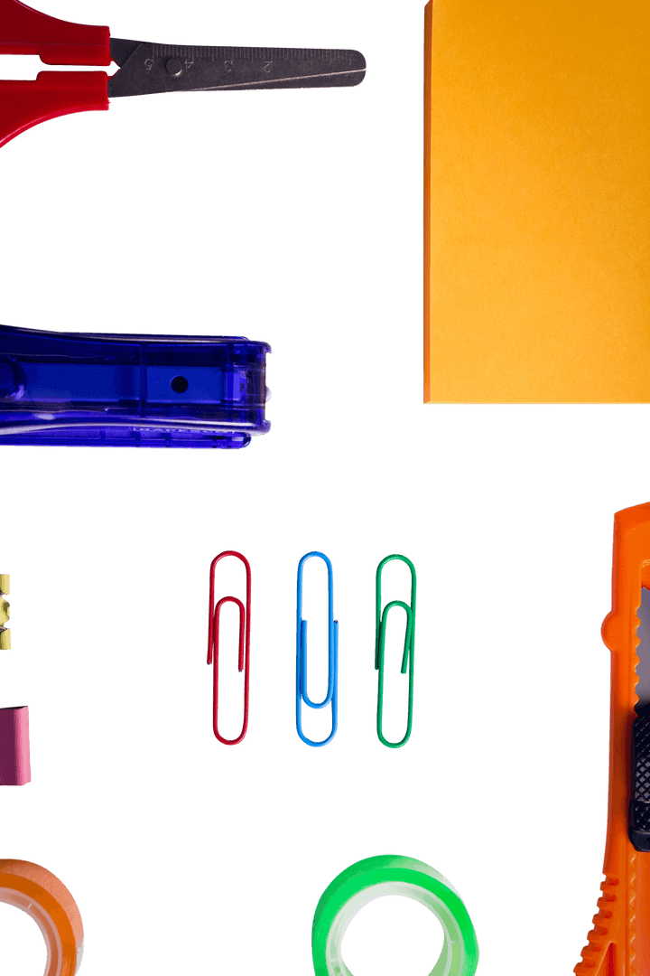 Colorful Office Supplies on Transparent Background Layout