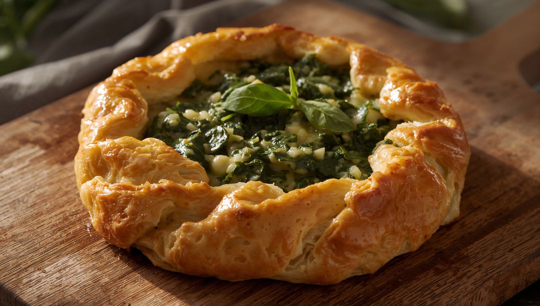 Rustic spinach and cheese galette on wooden board with golden flaky pastry and basil