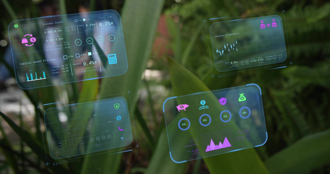 Floating holographic finance dashboards over lush foliage showcasing eco fintech analytics