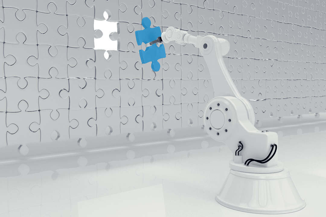 Transparent Robot Hand Completing Puzzle with Blue Piece