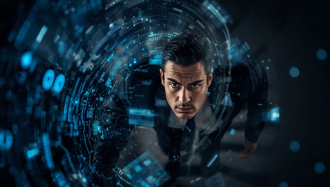 Man Engaging with Futuristic Holographic Interface in AR Space