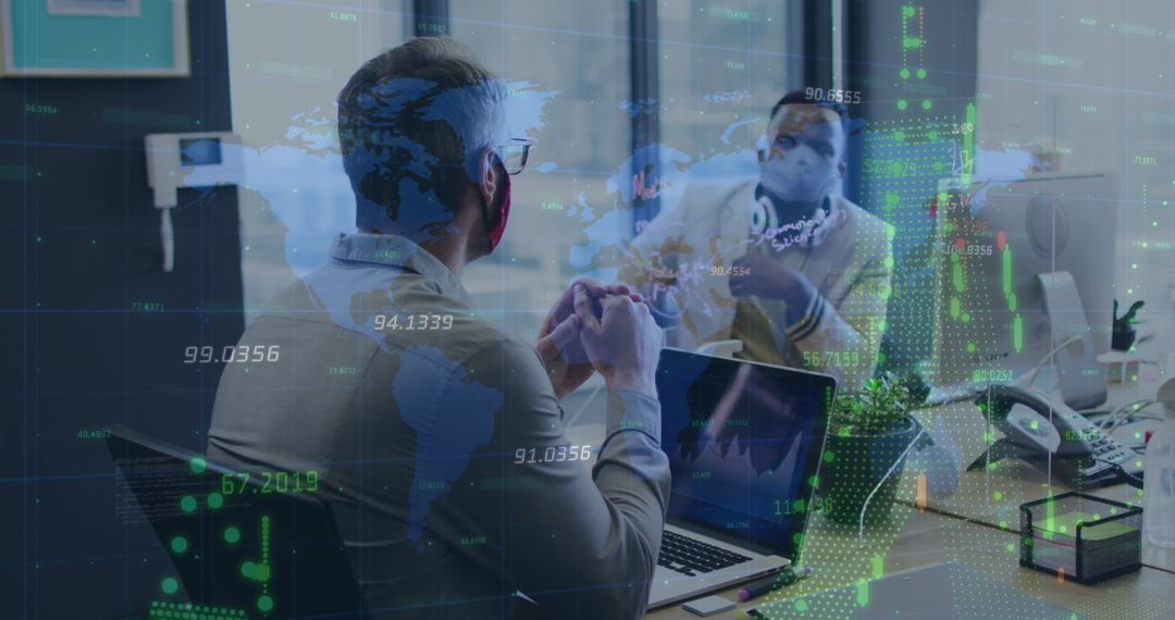 Financial Analytics in Business Meeting with Masks and Digital Displays