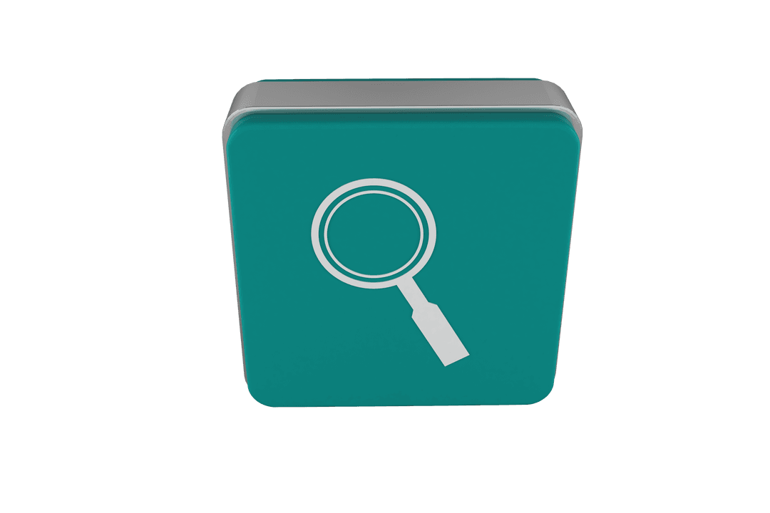Digital cube with magnifier symbol on transparent background
