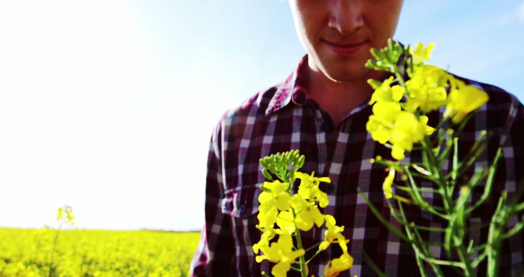 Man in Plaid Shirt Standing in Blooming Canola Field, Holding Flowers - Free Images, Stock Photos and Pictures on Pikwizard.com