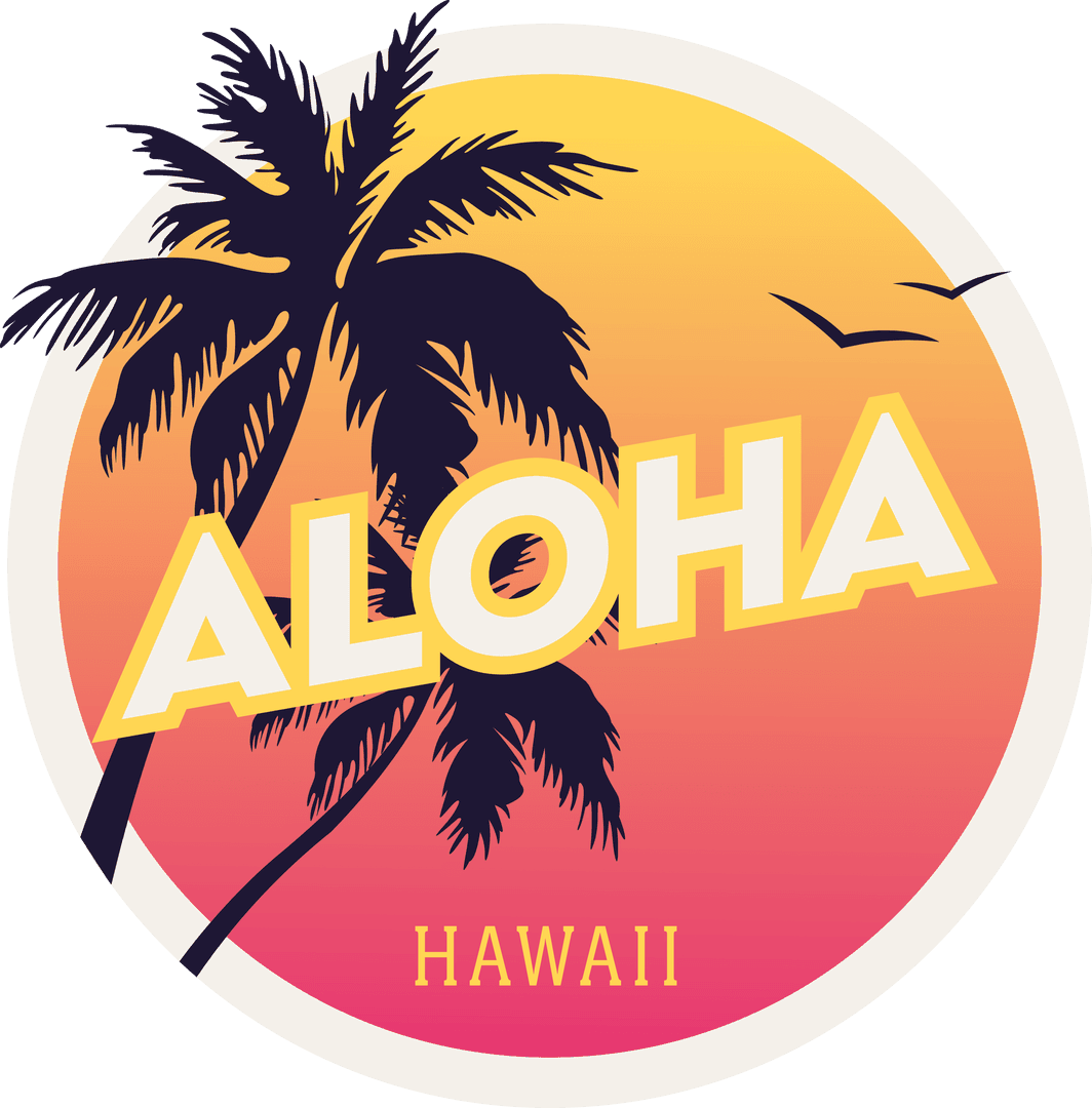 Aloha Hawaii Text with Palm Trees and Sunset, Transparent Design
