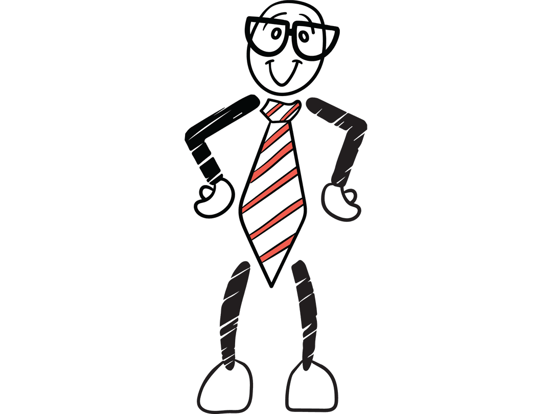 Smiling Cartoon Stick Figure with Glasses and Tie on Transparent Background