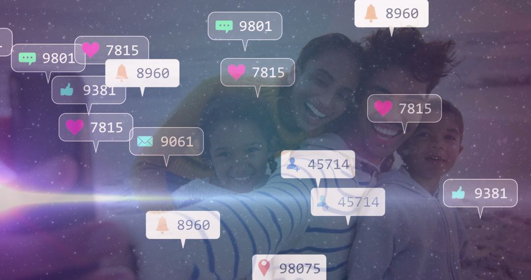 Joyful Family Selfie with Social Media Engaging Notifications
