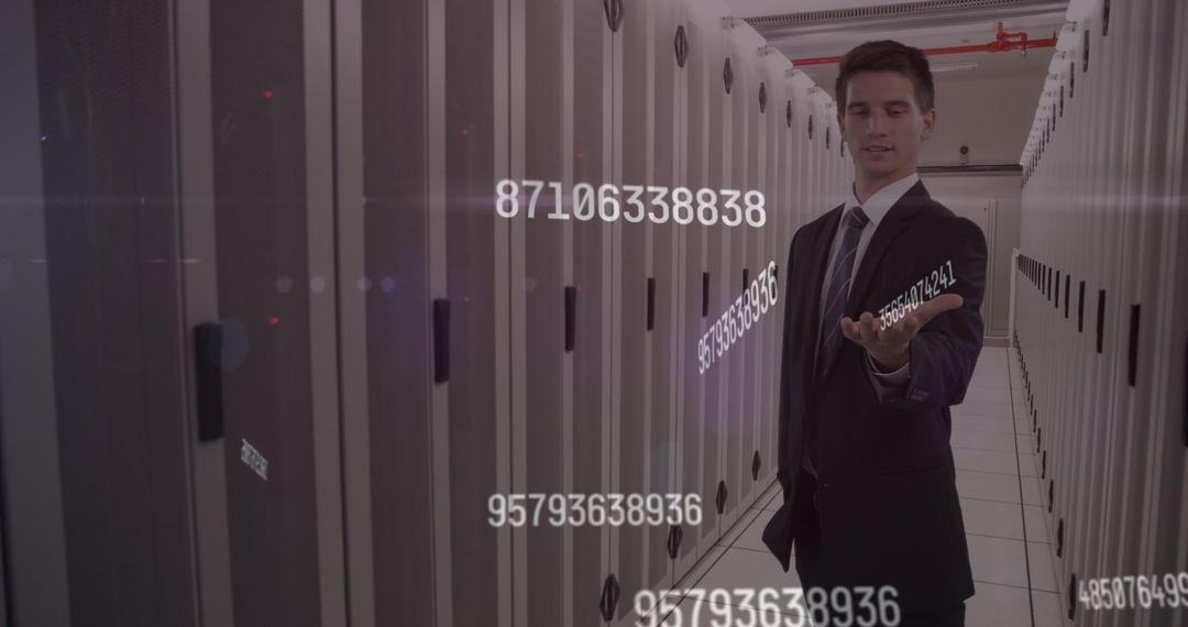 Businessman in Data Center Interacting with Digital Interfaces