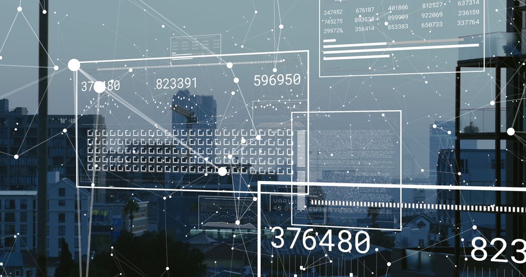 Digital Network Interface with Cityscape Background