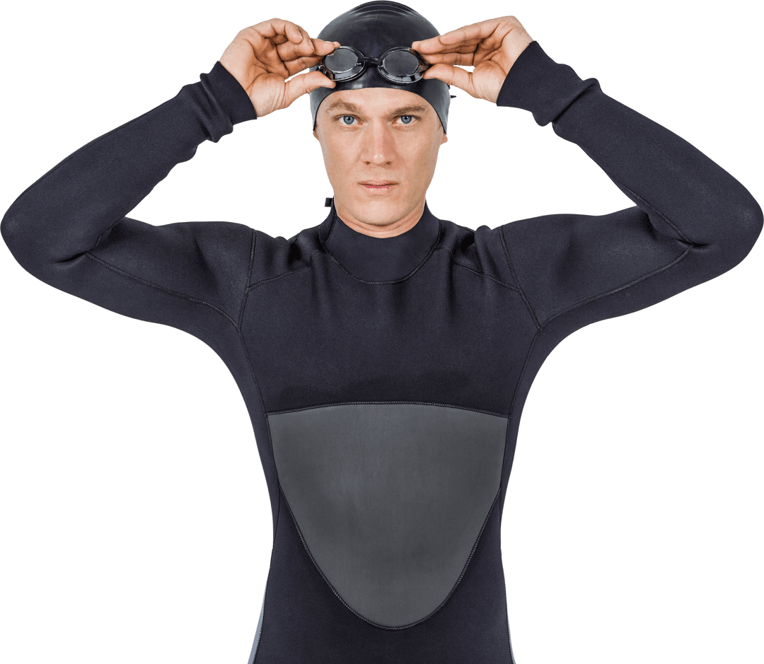 Portrait of Focused Swimmer Adjusting His Goggles in Black Wetsuit on Transparent Background