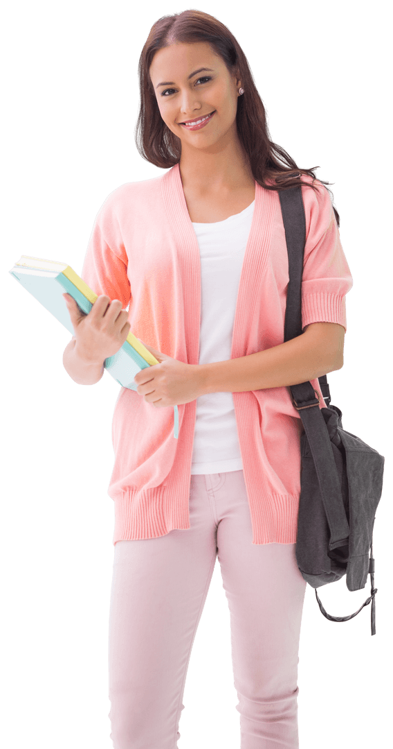 Smiling Female Student Holding Books with Transparent Background