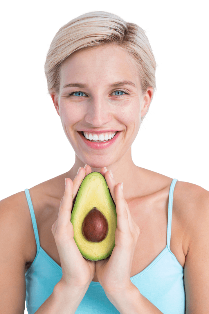 Smiling Woman Holding Fresh Avocado Half on Transparent Background