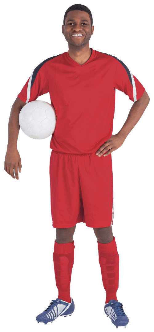 Football Player in Red Kit Holding Ball Transparent Background