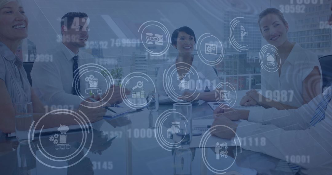Financial Data Icons Overlay Diverse Business Meeting