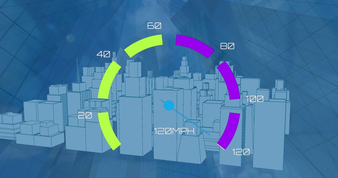 Futuristic Digital Speedometer Overlay on City Skyline