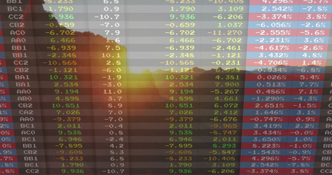 Digital Ticker Overlaid on Sunrise Through Forested Hillside
