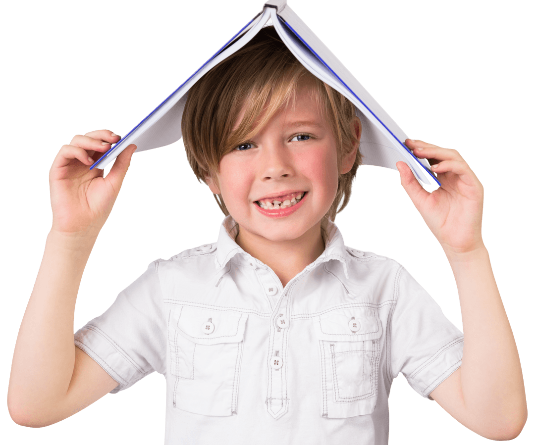 Happy Boy Using Notebook as Fun Shelter Transparent
