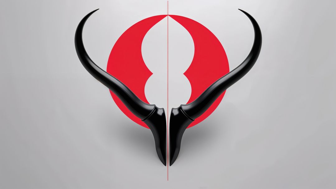 Abstract black demon horns on bold red circle with seamless vertical split