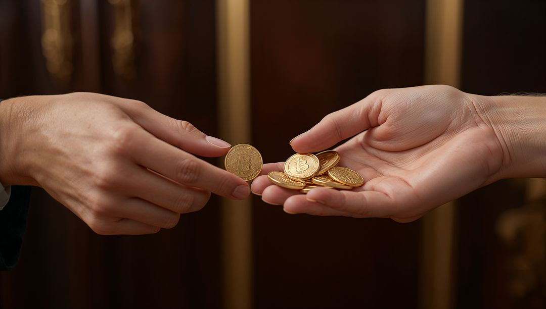 Exchanging Physical Bitcoin Coins Between Hands Over Wood-Paneled Background