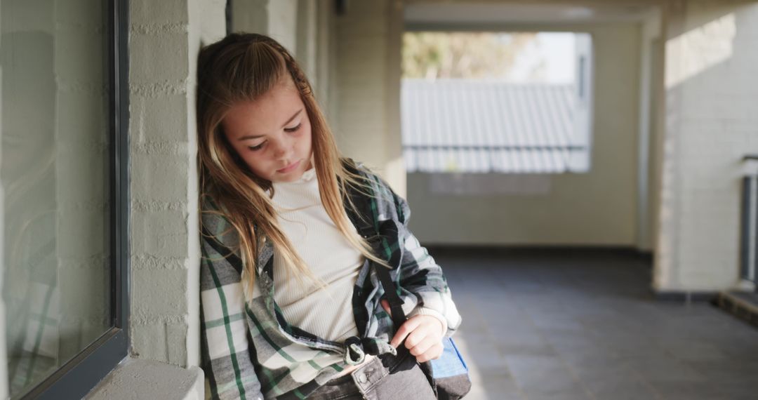 Contemplative Young Student in School Corridor with Backpack