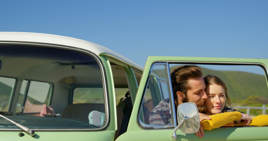 Couple Enjoying Scenery by Vintage Van in Sunlit Countryside - Free Images, Stock Photos and Pictures on Pikwizard.com