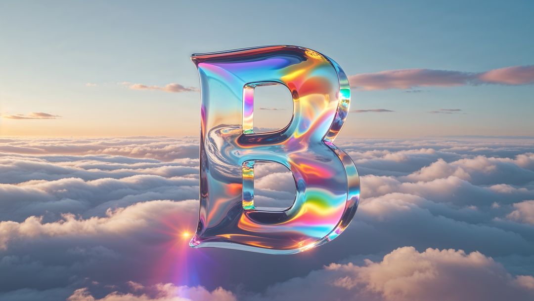 Translucent 3D Letter B Floating Above Clouds at Sunrise