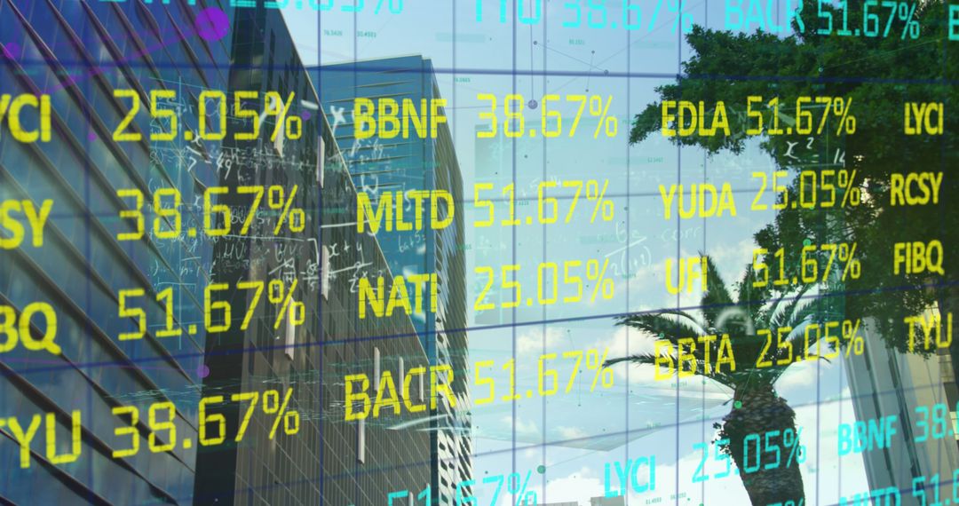Financial Data Display Over Reflective Urban Skyscraper