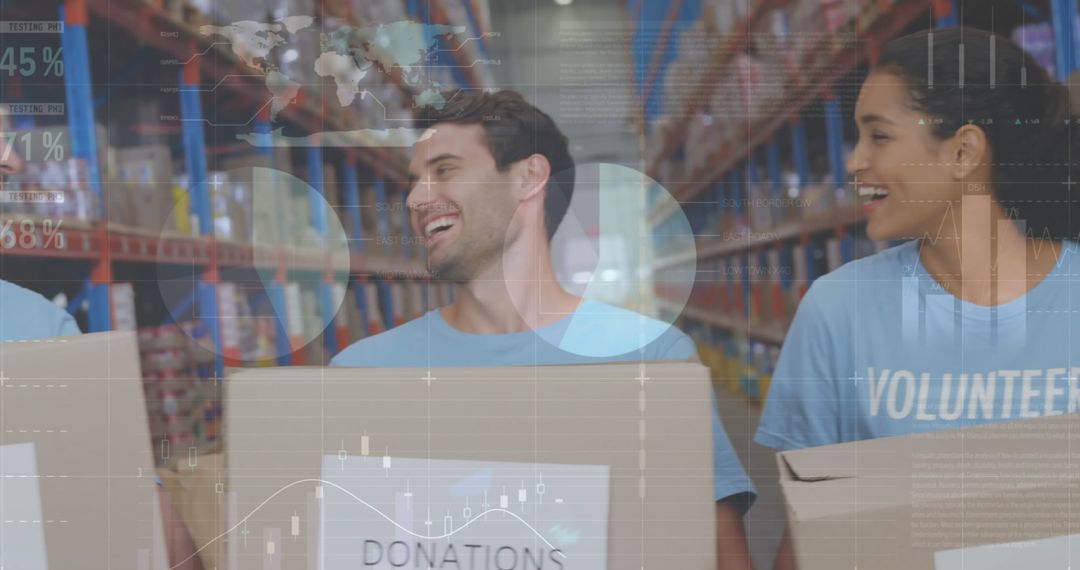 Cheerful Volunteers with Donations Amidst Data Elements
