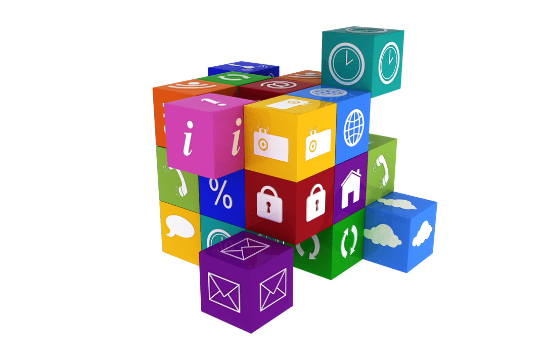 Digital Blocks with Social Media Icons on Transparent Background