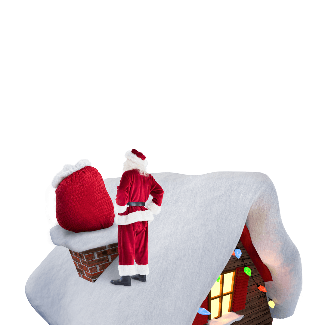 Santa Claus on Snowy Roof with Gift Bag on Transparent Background