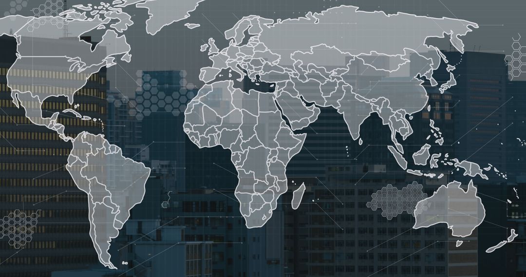 Abstract World Map Overlay on Modern Cityscape