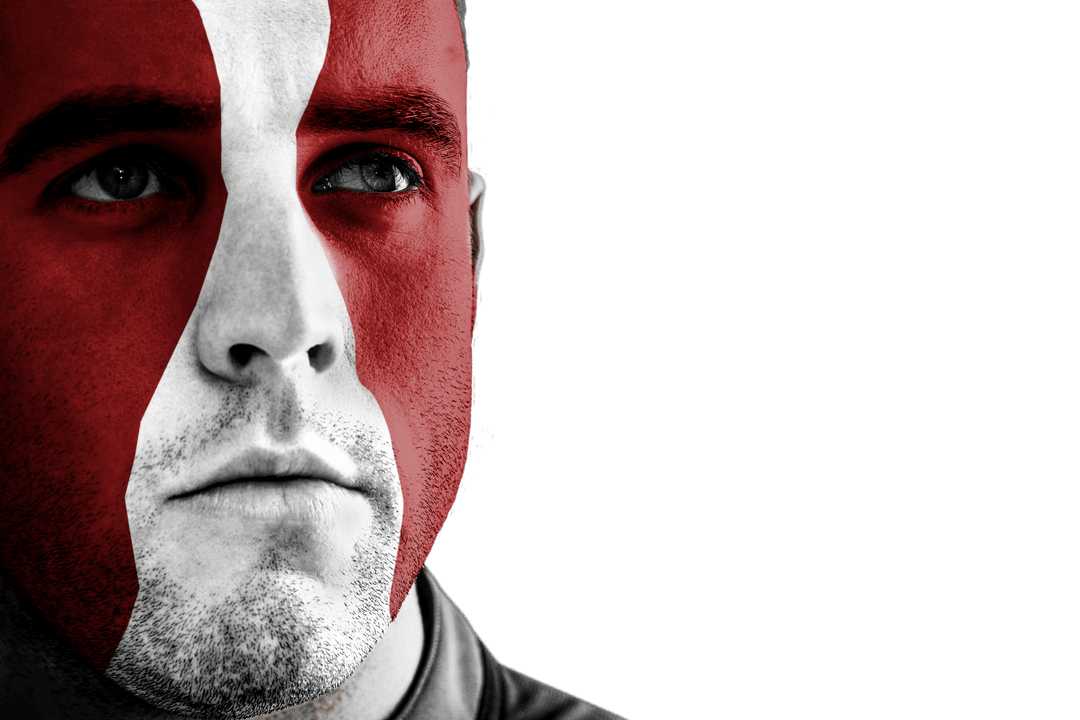 Man with Half-Red Face Paint Transparent Background Isolated