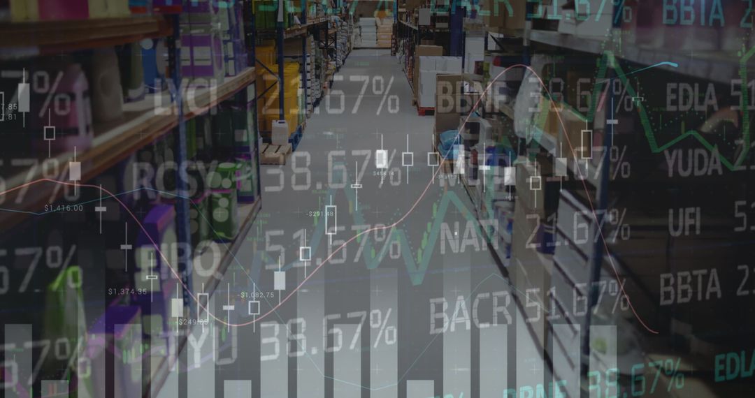 Empty Warehouse with Digital Financial Data Overlay