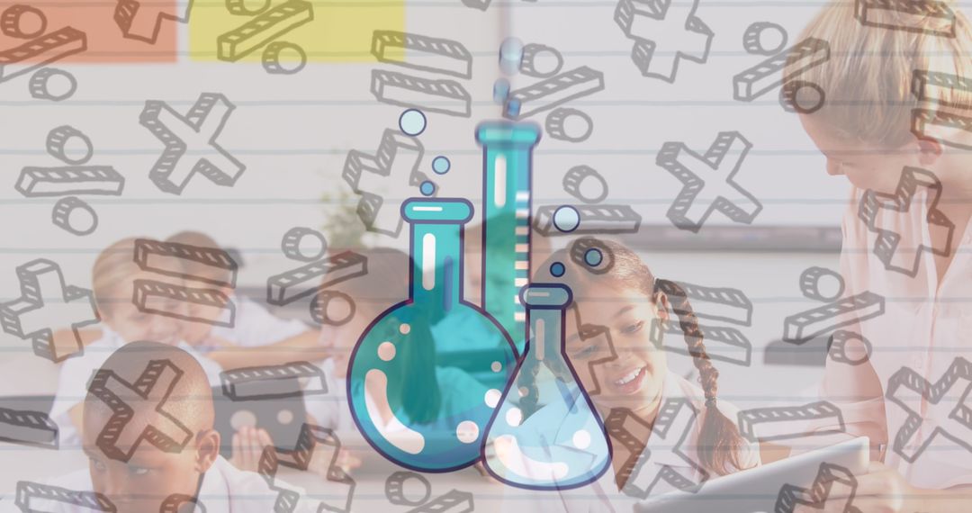 Diverse Classroom with Teacher and Educational Icons Overlay