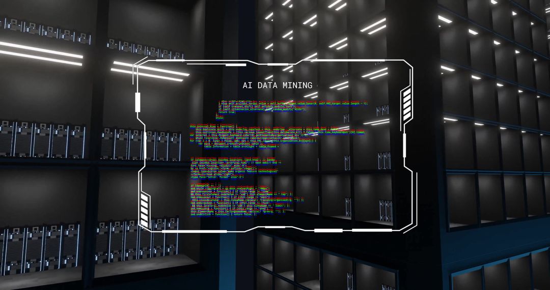AI Data Mining in Modern Server Room with Digital Interface