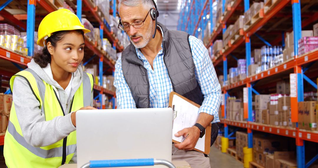 Warehouse Workers Communicating with Headset and Laptop in Distribution Center - Free Images, Stock Photos and Pictures on Pikwizard.com