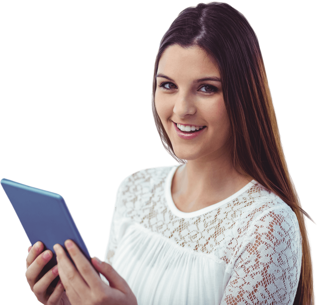 Confident Woman Using Tablet on Transparent Background