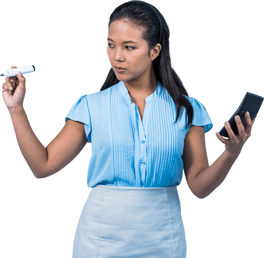 Transparent Focused Businesswoman with Calculator and Pen