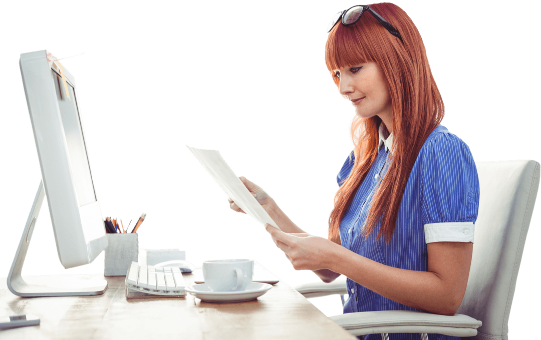 Smiling Redhead Businesswoman Reviewing Documents in Office on Transparent Background