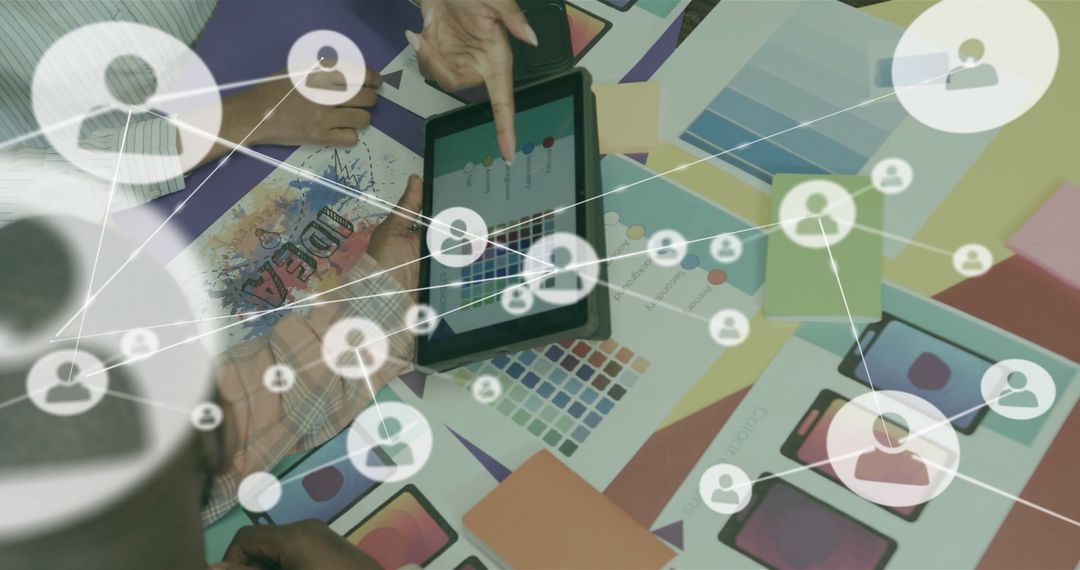 Collaborative Team Discussing Ideas With Digital Network Overlay