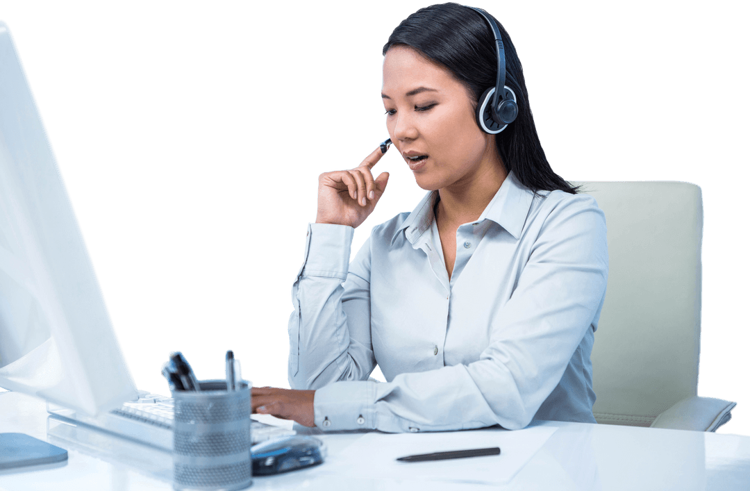 Transparent: Businesswoman Tapping Headset Focused on Computer Tasks
