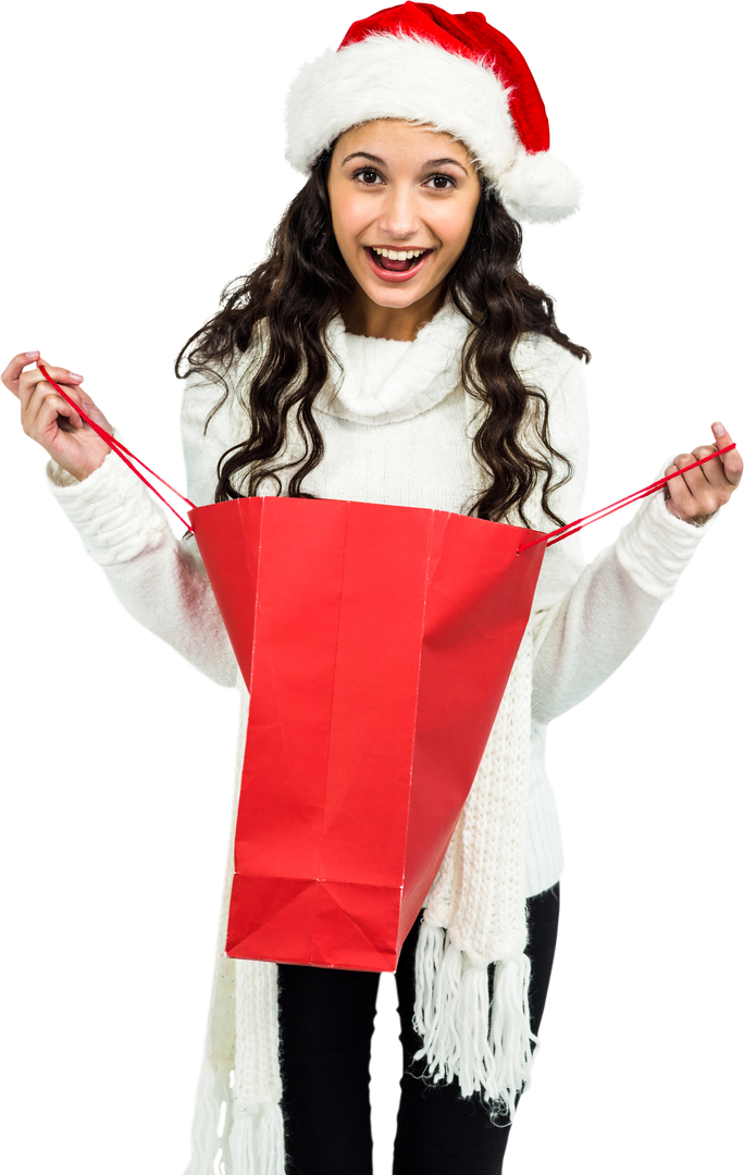 Joyful Woman in Santa Hat Opening Red Christmas Gift Bag with Excitement - Download Free Stock Images Pikwizard.com