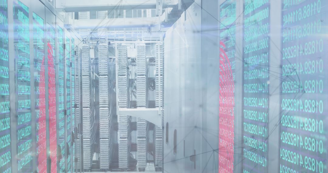 Futuristic Server Room with Digital Data and Network Connections Overlay