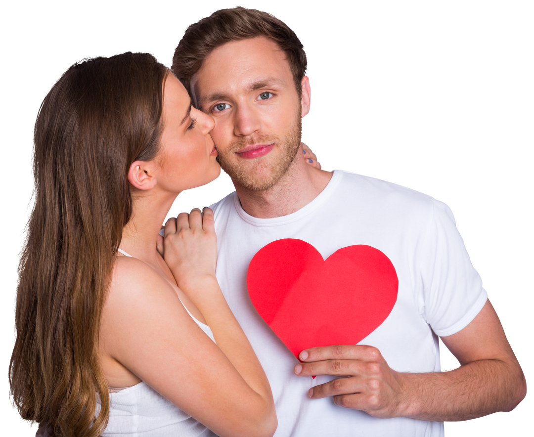 Young Woman Kissing Man Holding Red Heart Transparent Background - Download Free Stock Images Pikwizard.com