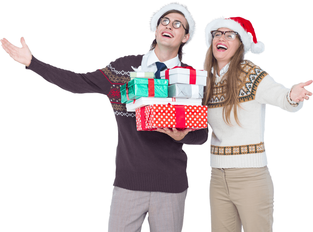 Smiling Couple in Santa Hats Holding Gifts on Transparent Background