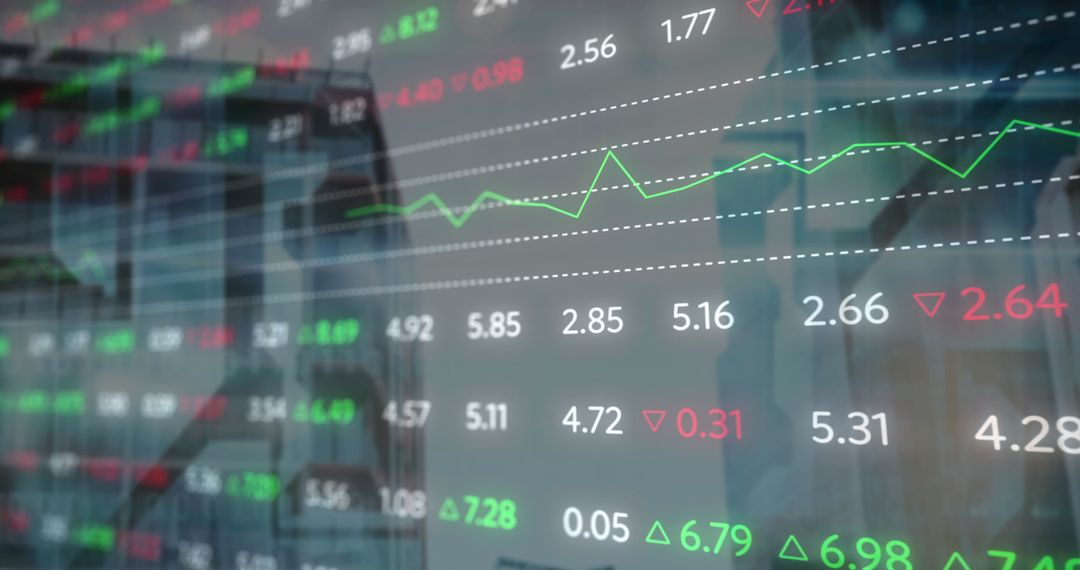 Digital Stock Market Display with City Reflections